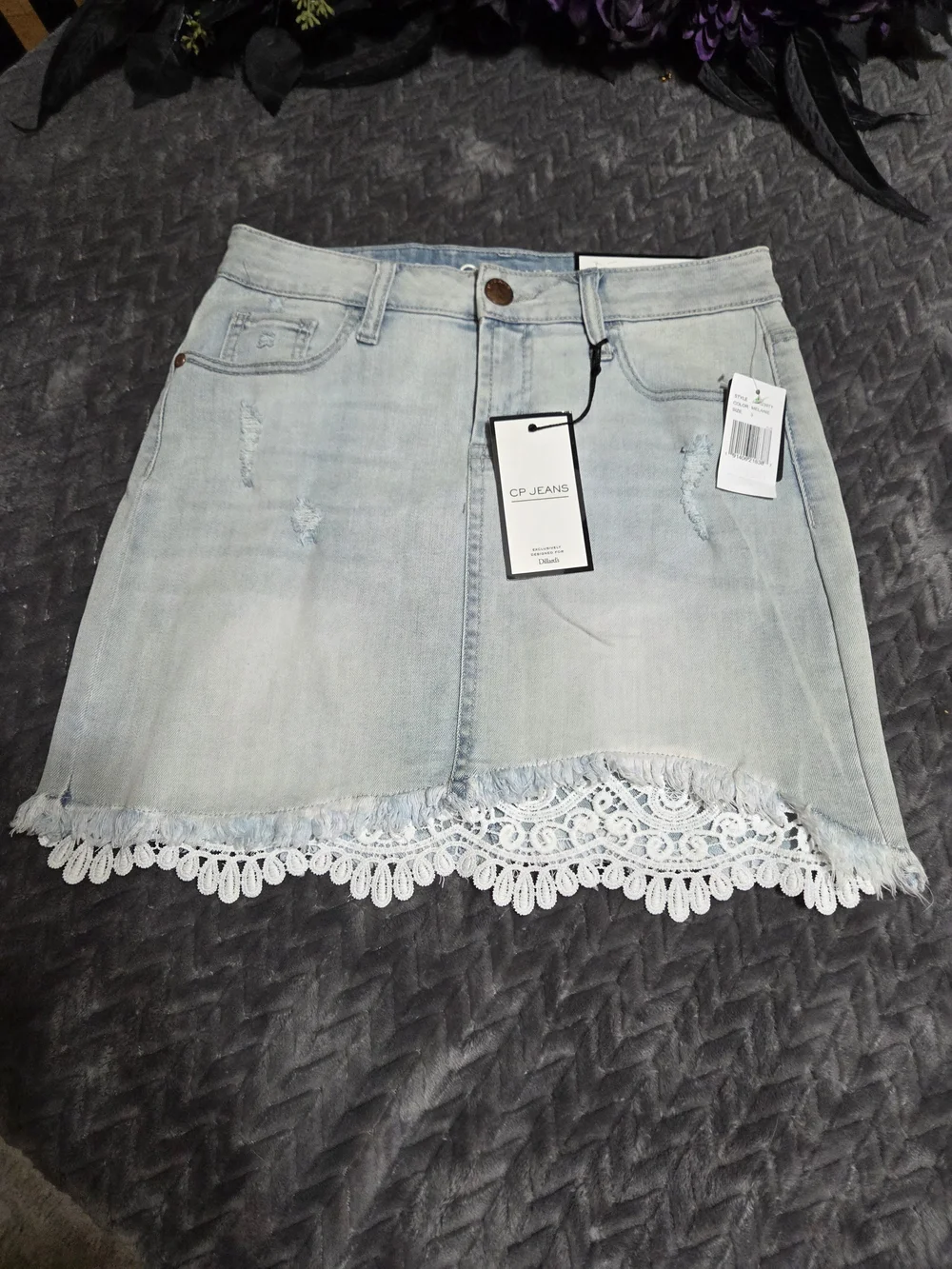 CP Jeans Light Blue Denim Mini Skirt with White Lace Trim